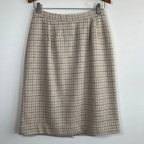 Vintage Kellwood Company Wool Plaid A-Line Skirt Beige Gray Check Lined Size 10 - Picture 1 of 10